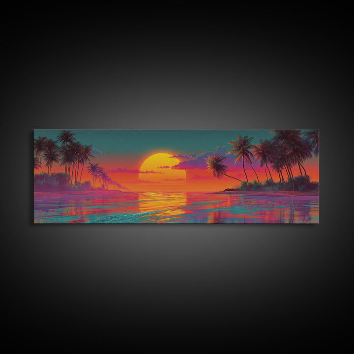 Vibrant Tropical Sunset Lagoon Wall Art, Extra Wide Panoramic Canvas Print, Beach House Decor, Coastal Living Room Wall Decor