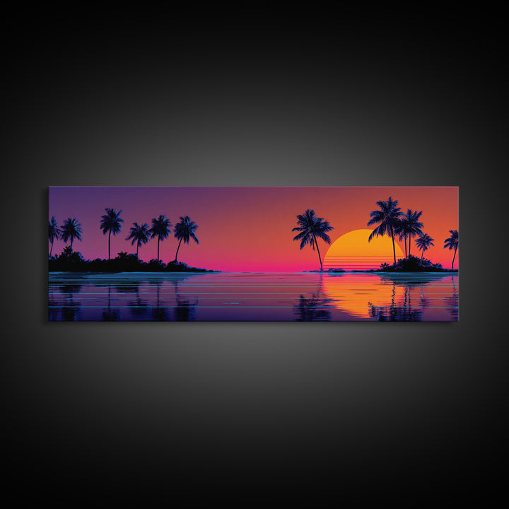 Tropical Island Sunset With Palm Trees Canvas Print, Retro Coastal Wall Art, Beach House Decor, Ocean Print For Living Room
