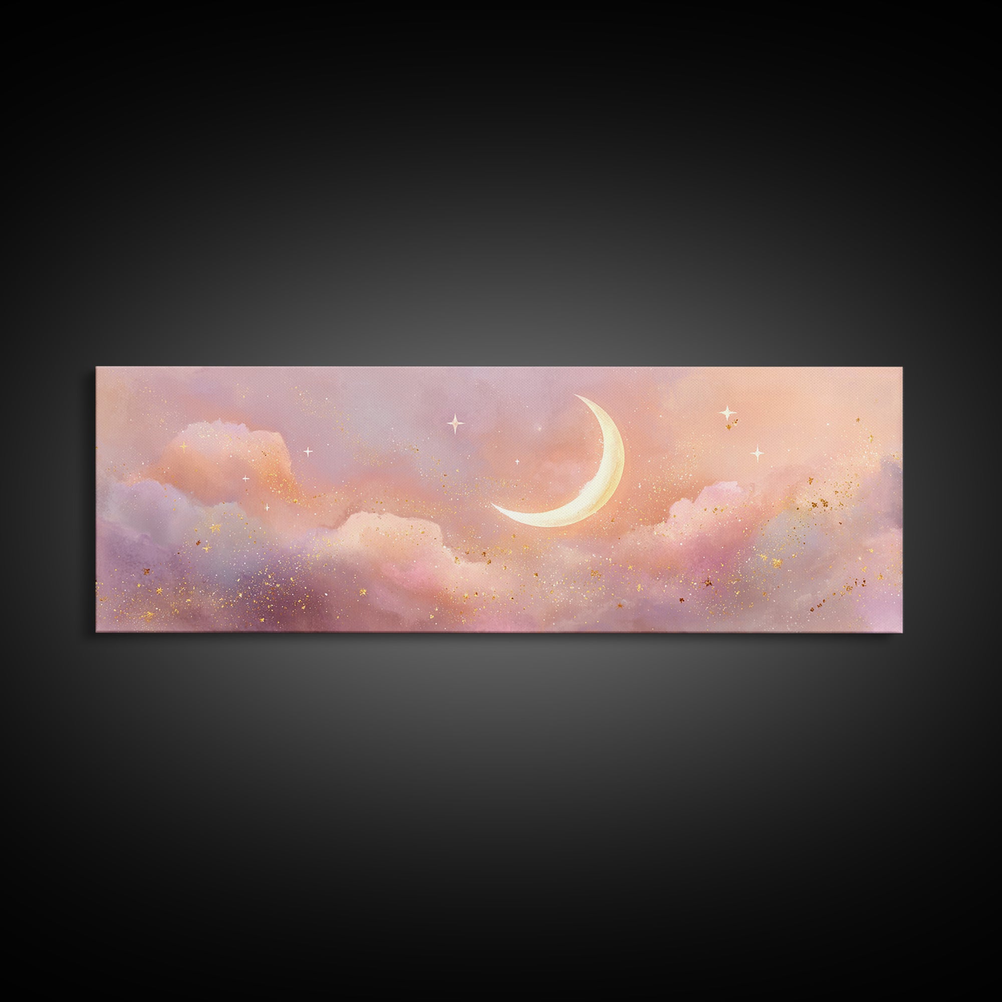 Peach Crescent Moon Over Pastel Clouds Framed Canvas Print, Celestial Wall Art, Soft Nursery Decor, Calming Bedroom Art Print