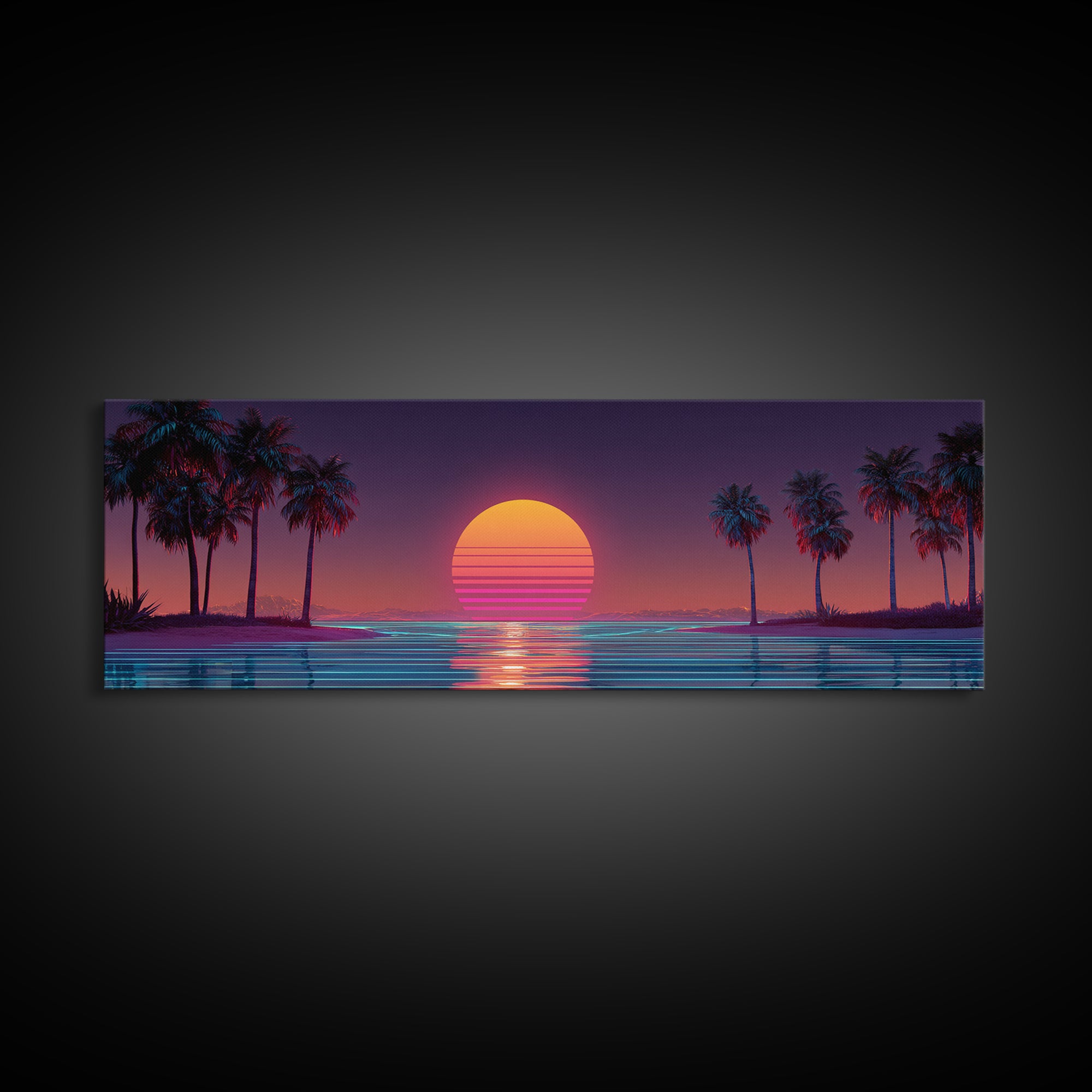 Retro Tropical Palm Sunset Wall Art, Vaporwave Beach Canvas Print, Neon Coastal Decor, 80s Aesthetic Room Decor, Gift For Him