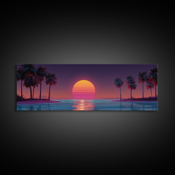 Retro Tropical Palm Sunset Wall Art, Vaporwave Beach Canvas Print, Neon Coastal Decor, 80s Aesthetic Room Decor, Gift For Him