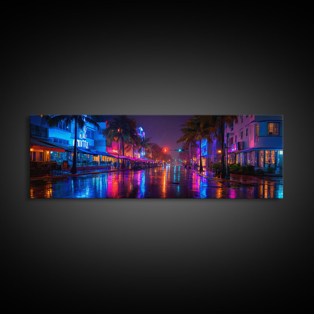 Rainy Neon Miami Street At Night Canvas Print, Cyberpunk City Wall Art, Urban Photography Decor For Modern Home Office Wall Decor