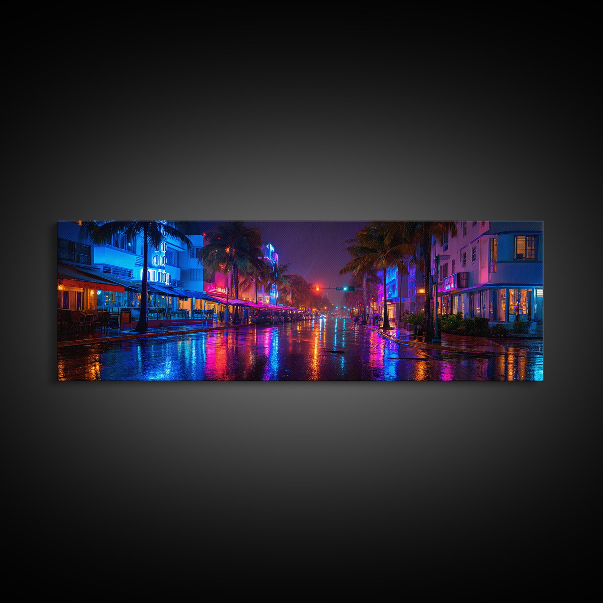 Rainy Neon Miami Street At Night Canvas Print, Cyberpunk City Wall Art, Urban Photography Decor For Modern Home Office Wall Decor