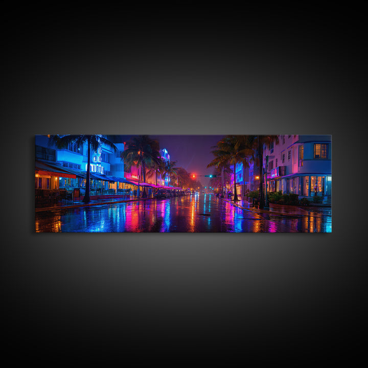 Rainy Neon Miami Street At Night Canvas Print, Cyberpunk City Wall Art, Urban Photography Decor For Modern Home Office Wall Decor