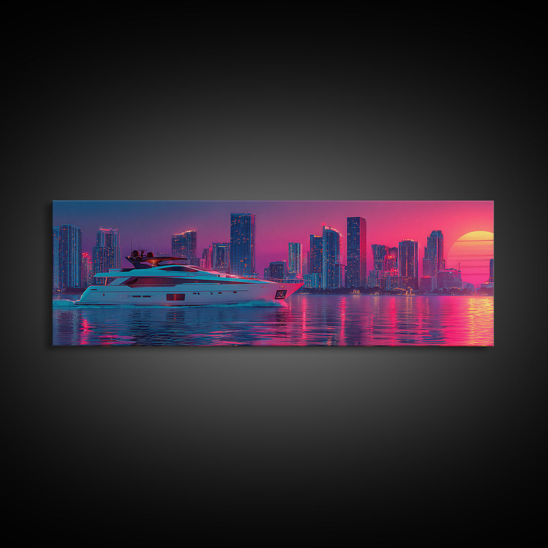 Neon Yacht And Miami Skyline Framed Canvas Print, Cyberpunk Coastal Wall Art, Vaporwave City Decor, Luxury Beach Poster Print