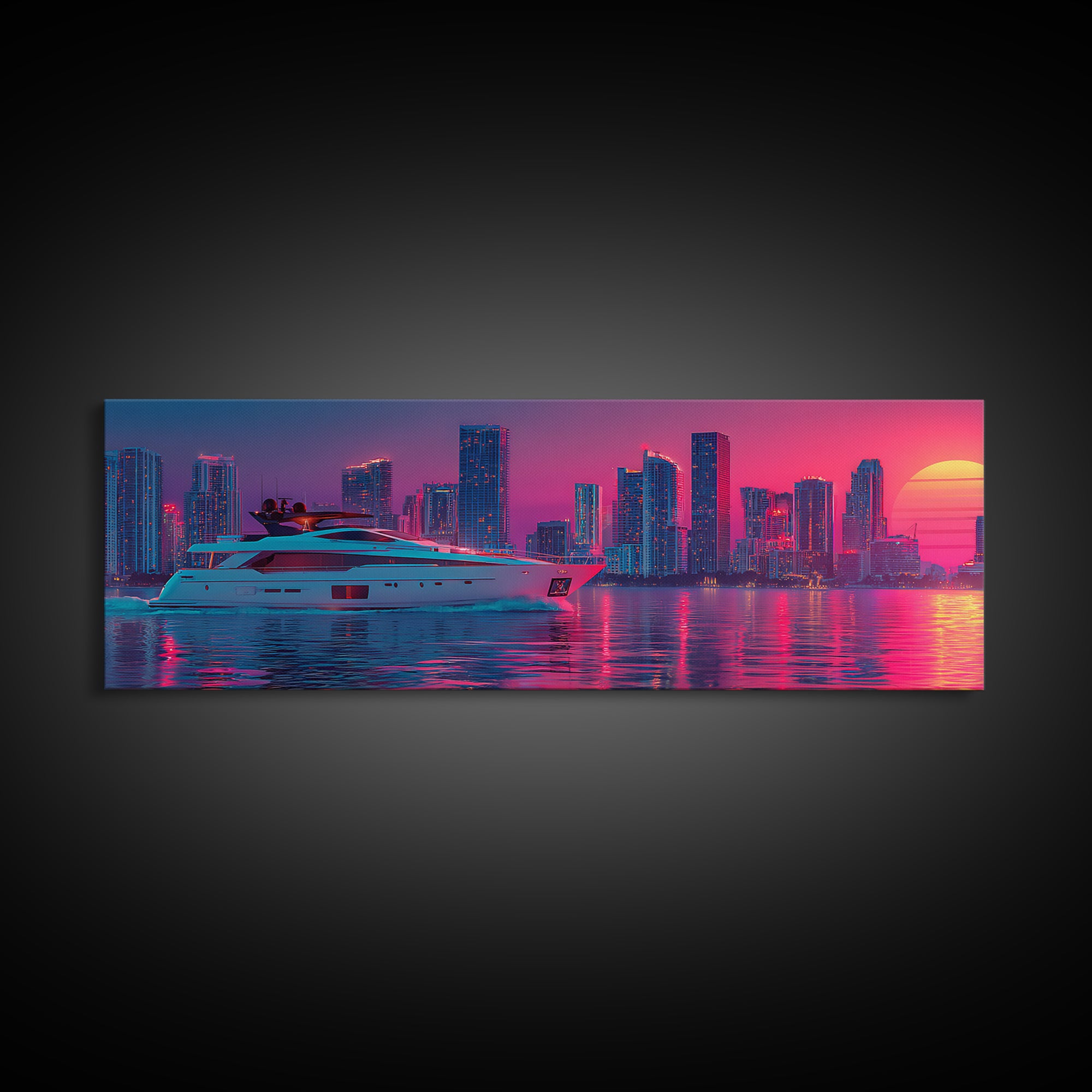 Neon Yacht And Miami Skyline Framed Canvas Print, Cyberpunk Coastal Wall Art, Vaporwave City Decor, Luxury Beach Poster Print