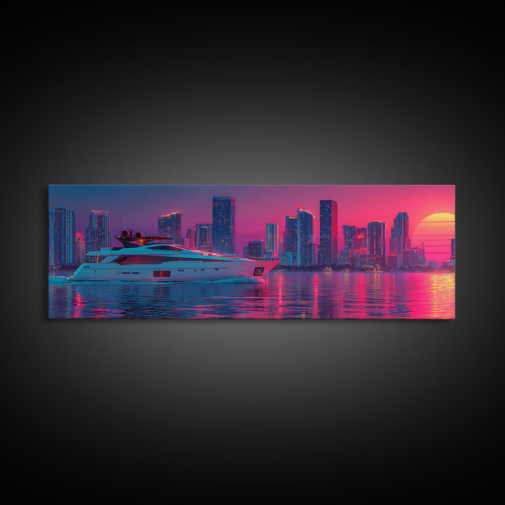 Neon Yacht And Miami Skyline Framed Canvas Print, Cyberpunk Coastal Wall Art, Vaporwave City Decor, Luxury Beach Poster Print