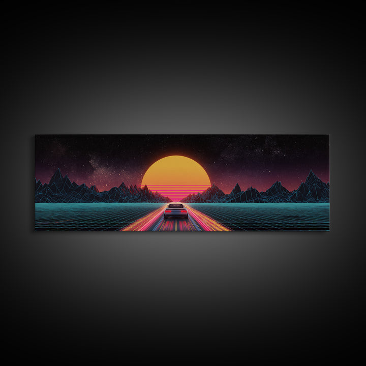 Retro Synthwave Car At Neon Sunset Canvas Print, Futuristic Wall Art, 80s Vaporwave Decor, Gaming Room, Gift For Him, Modern Home Decor