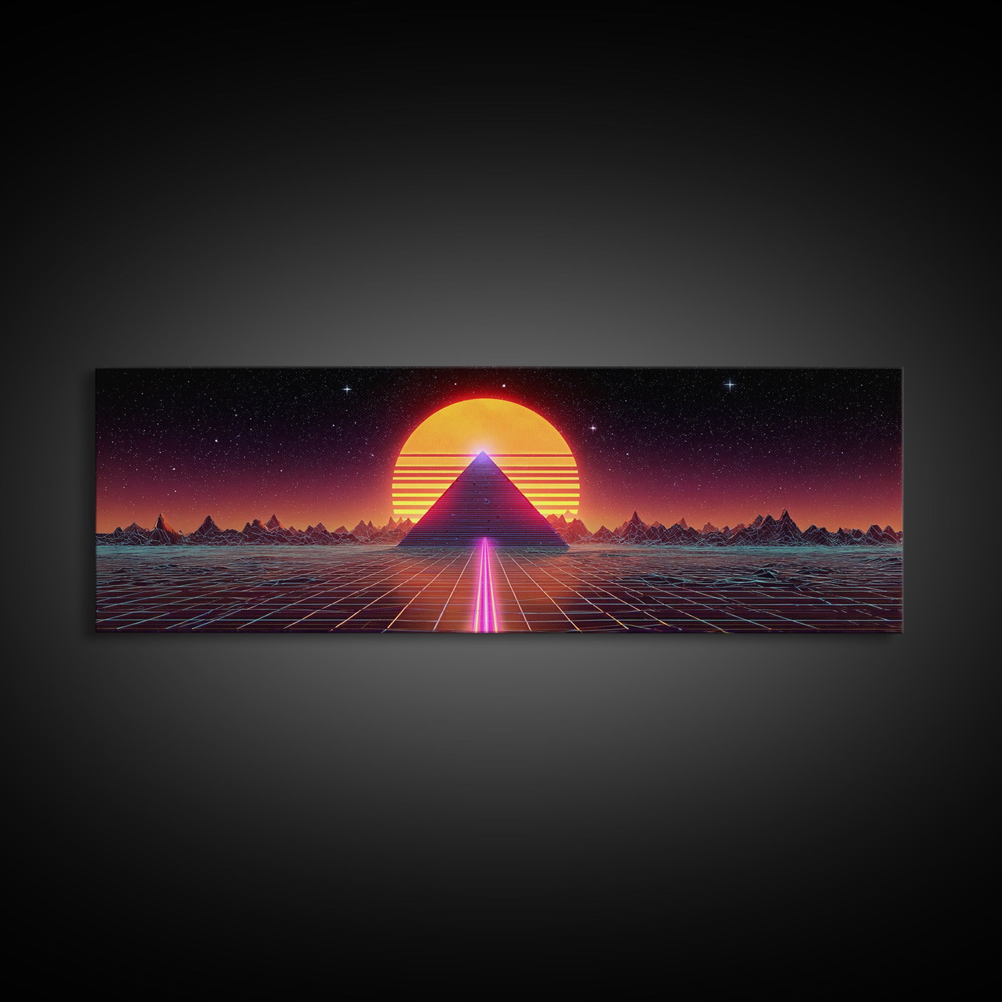 Neon Pyramid Sunset Grid Canvas Print, Retro Futuristic Wall Art, Synthwave Decor, Gaming Room Decor, Large Statement Artwork