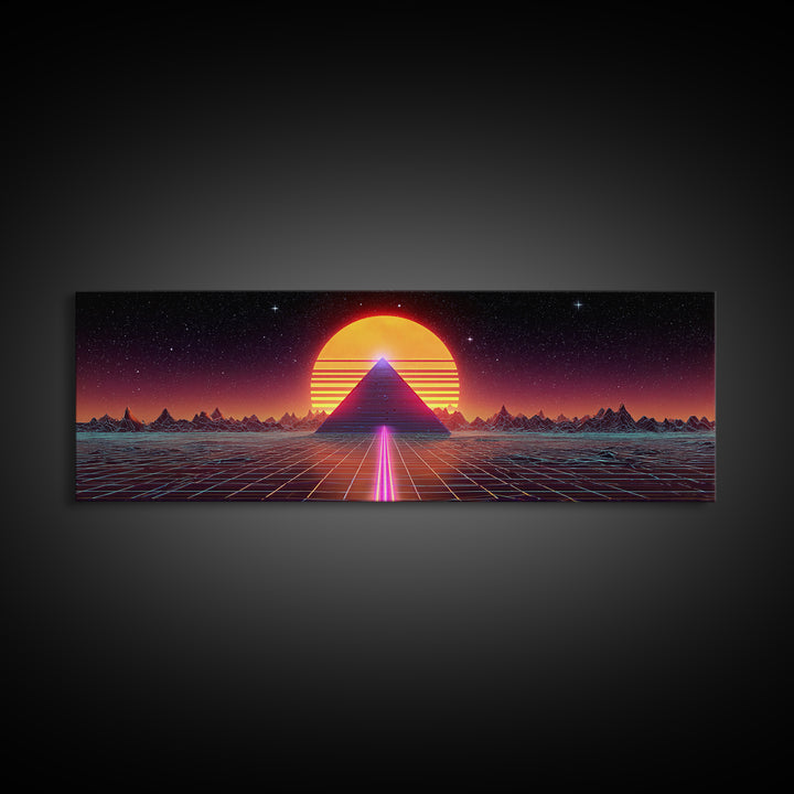 Neon Pyramid Sunset Grid Canvas Print, Retro Futuristic Wall Art, Synthwave Decor, Gaming Room Decor, Large Statement Artwork