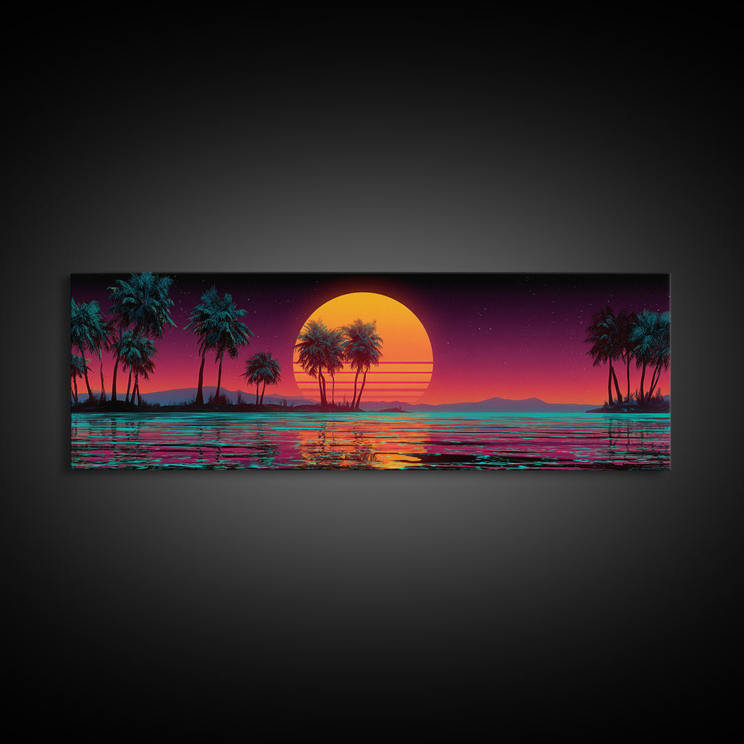 Neon Tropical Sunset Palms Over Ocean Canvas Print, Retro Futuristic Wall Art, Synthwave Beach Decor For Modern Living Room