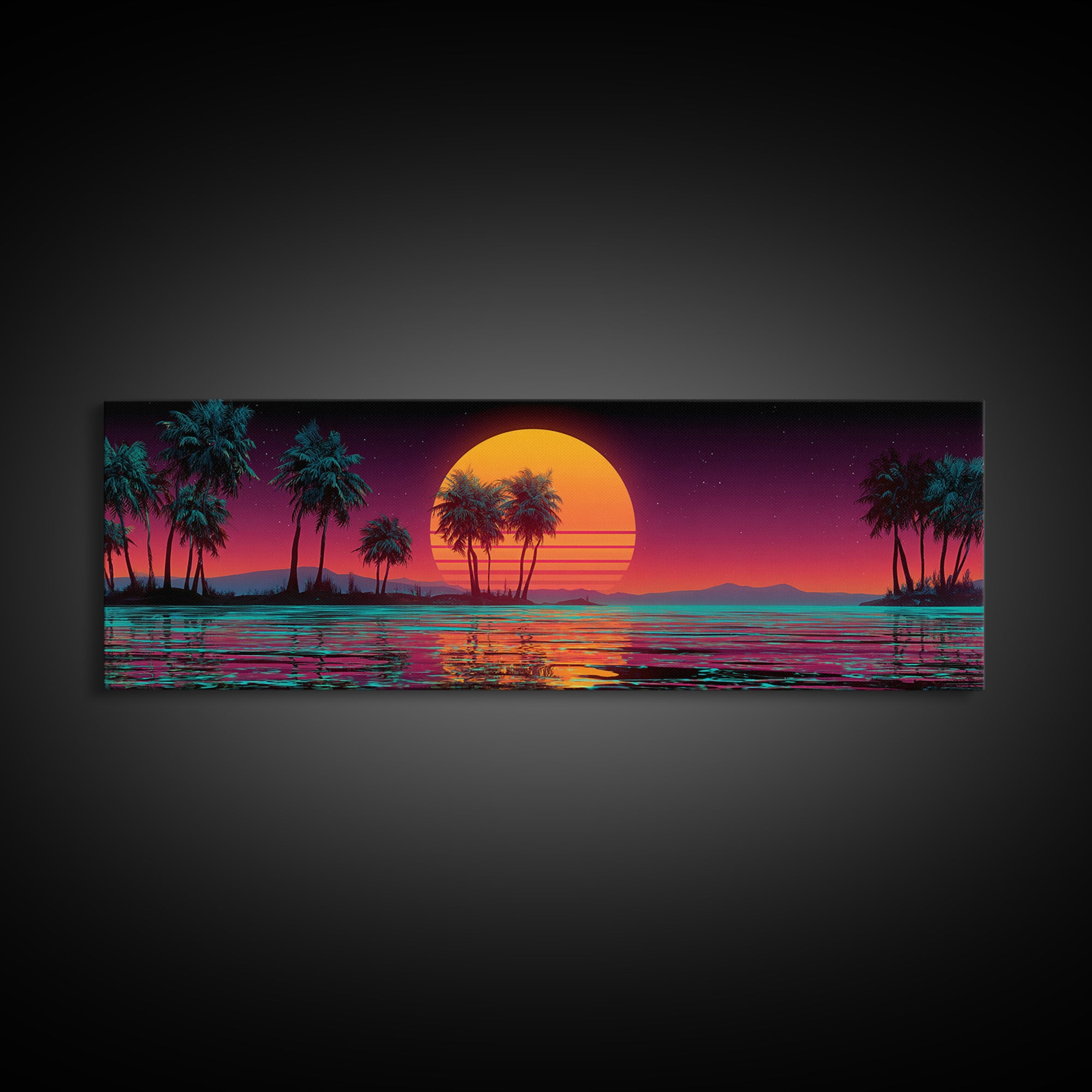 Neon Tropical Sunset Palms Over Ocean Canvas Print, Retro Futuristic Wall Art, Synthwave Beach Decor For Modern Living Room