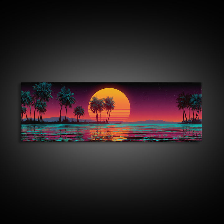 Neon Tropical Sunset Palms Over Ocean Canvas Print, Retro Futuristic Wall Art, Synthwave Beach Decor For Modern Living Room