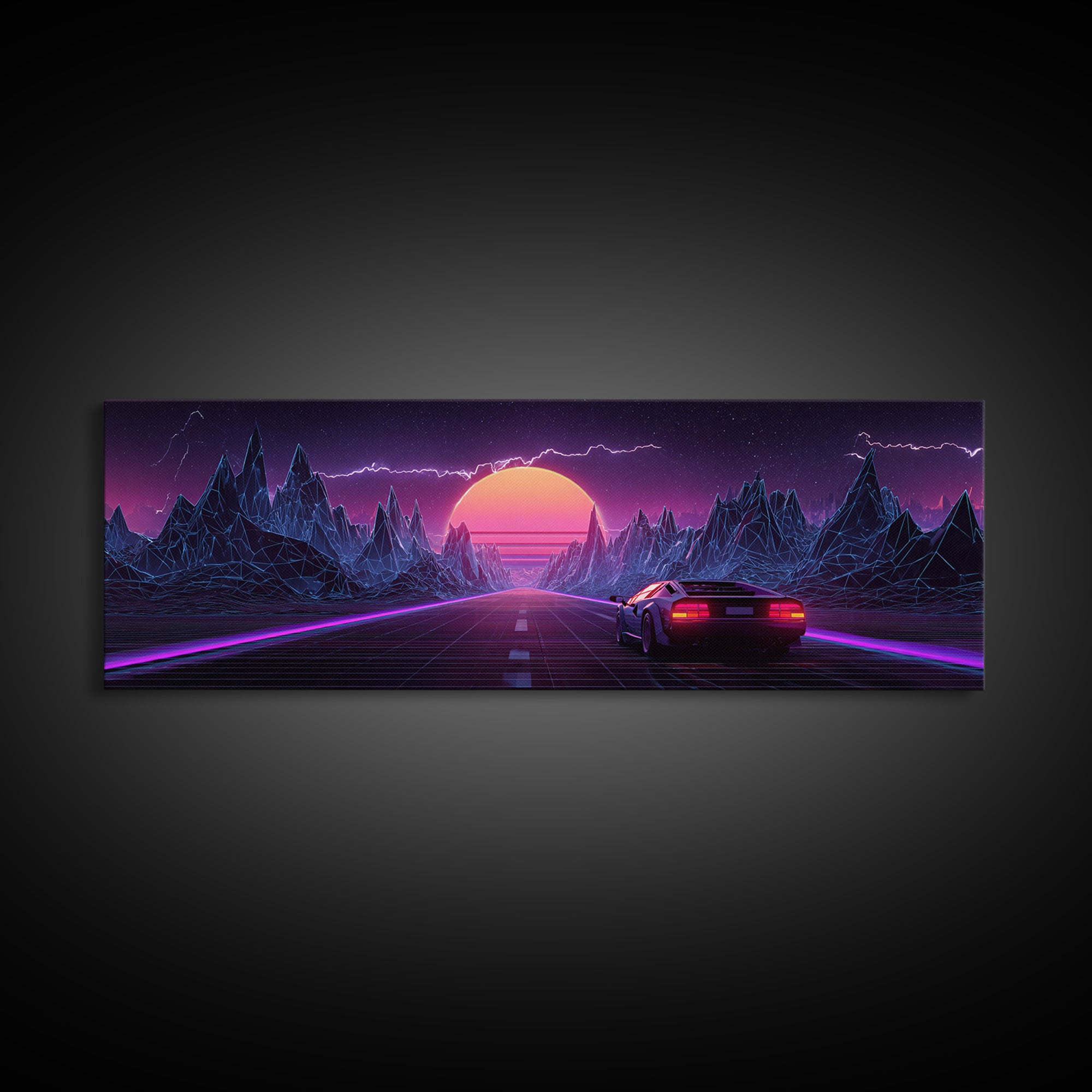 Synthwave Mountain Highway Canvas Print, Retro Futuristic Car Wall Art, Neon Gaming Room Decor, Vaporwave Poster, Cyberpunk Gift For Him