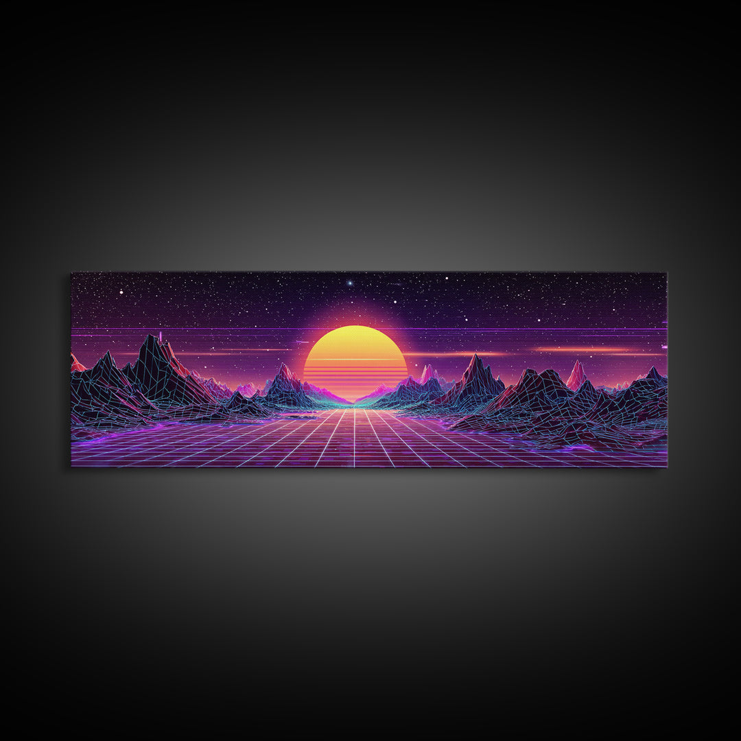 Retro Futuristic Mountain Grid Sunset Canvas Print, Synthwave Wall Art, Neon Vaporwave Decor For Game Room Or Dorm Room Decor