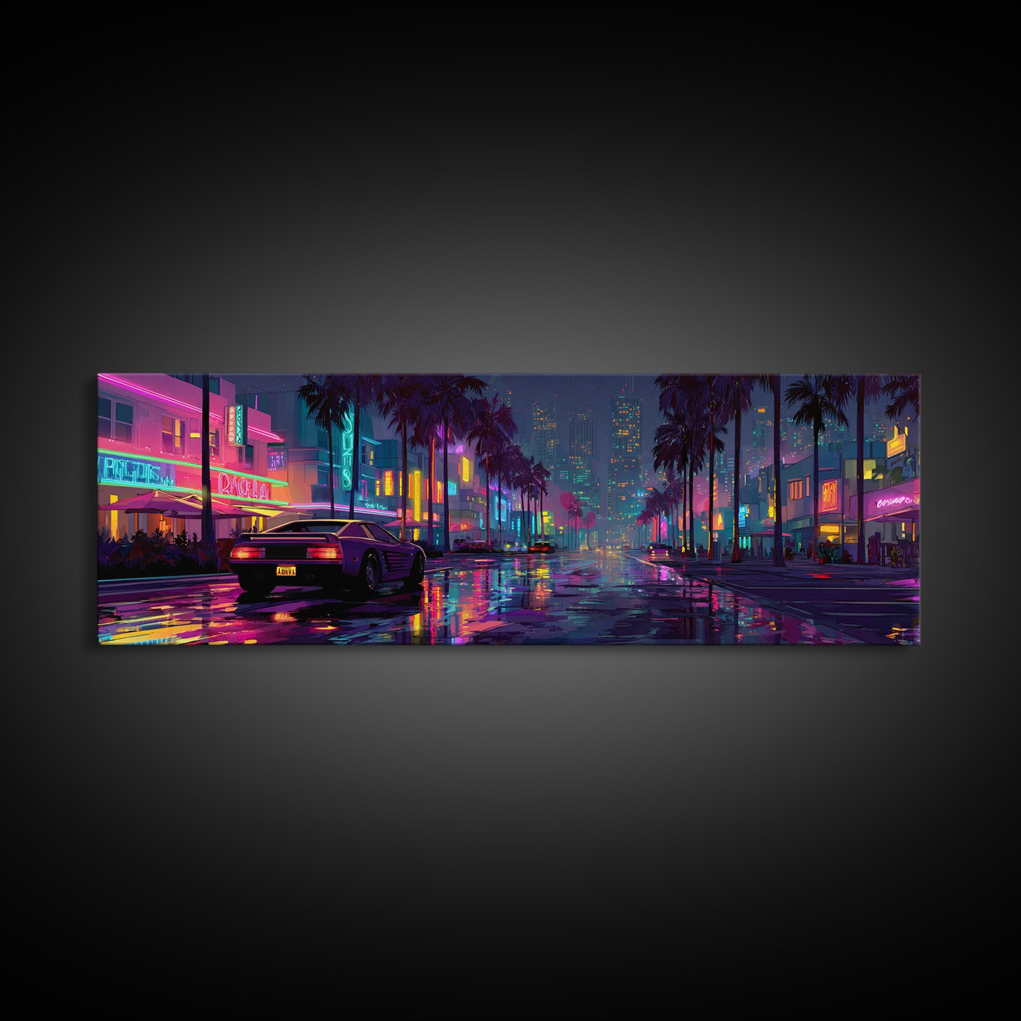 Neon Cyberpunk City Street Wall Art, Futuristic Canvas Print For Gaming Room Decor, Vaporwave Apartment Decor Gift For Him