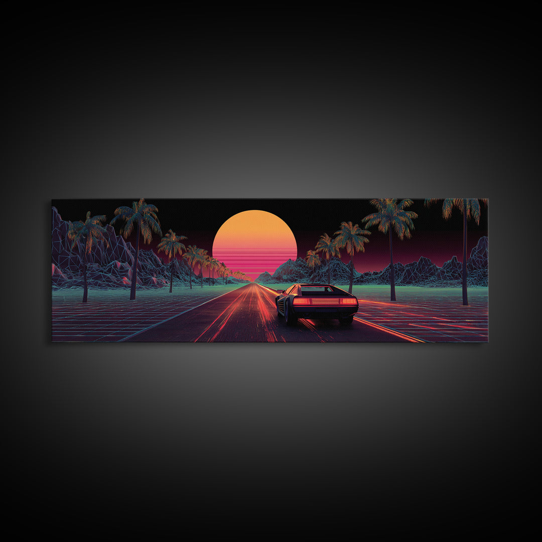 Retro Synthwave Car On Neon Palm Road Wall Art, 80s Vaporwave Canvas Print, Futuristic Cityscape Home Decor Poster For Living Room