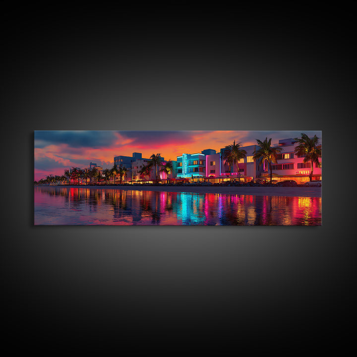 Vibrant Neon Miami Waterfront At Sunset Canvas Print, Tropical Palm City Wall Art, Coastal Home Decor, Art Deco Travel Poster Gift