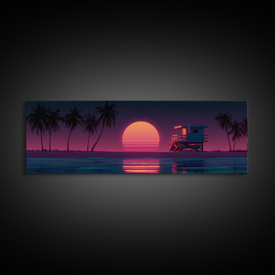 Retro Lifeguard Tower At Pink Sunset Framed Canvas Print, Coastal Beach Wall Art, Palm Tree Ocean Decor For Bedroom Or Living Room