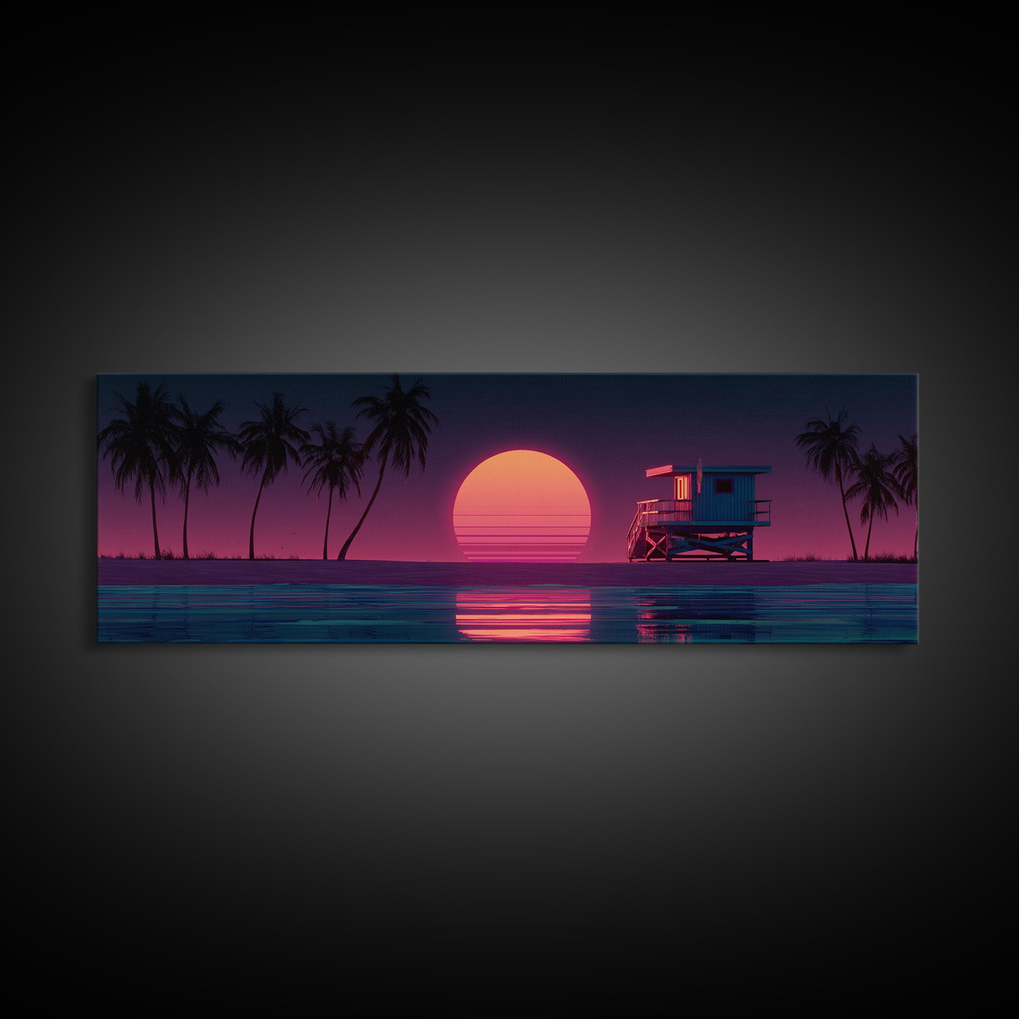 Retro Lifeguard Tower At Pink Sunset Framed Canvas Print, Coastal Beach Wall Art, Palm Tree Ocean Decor For Bedroom Or Living Room