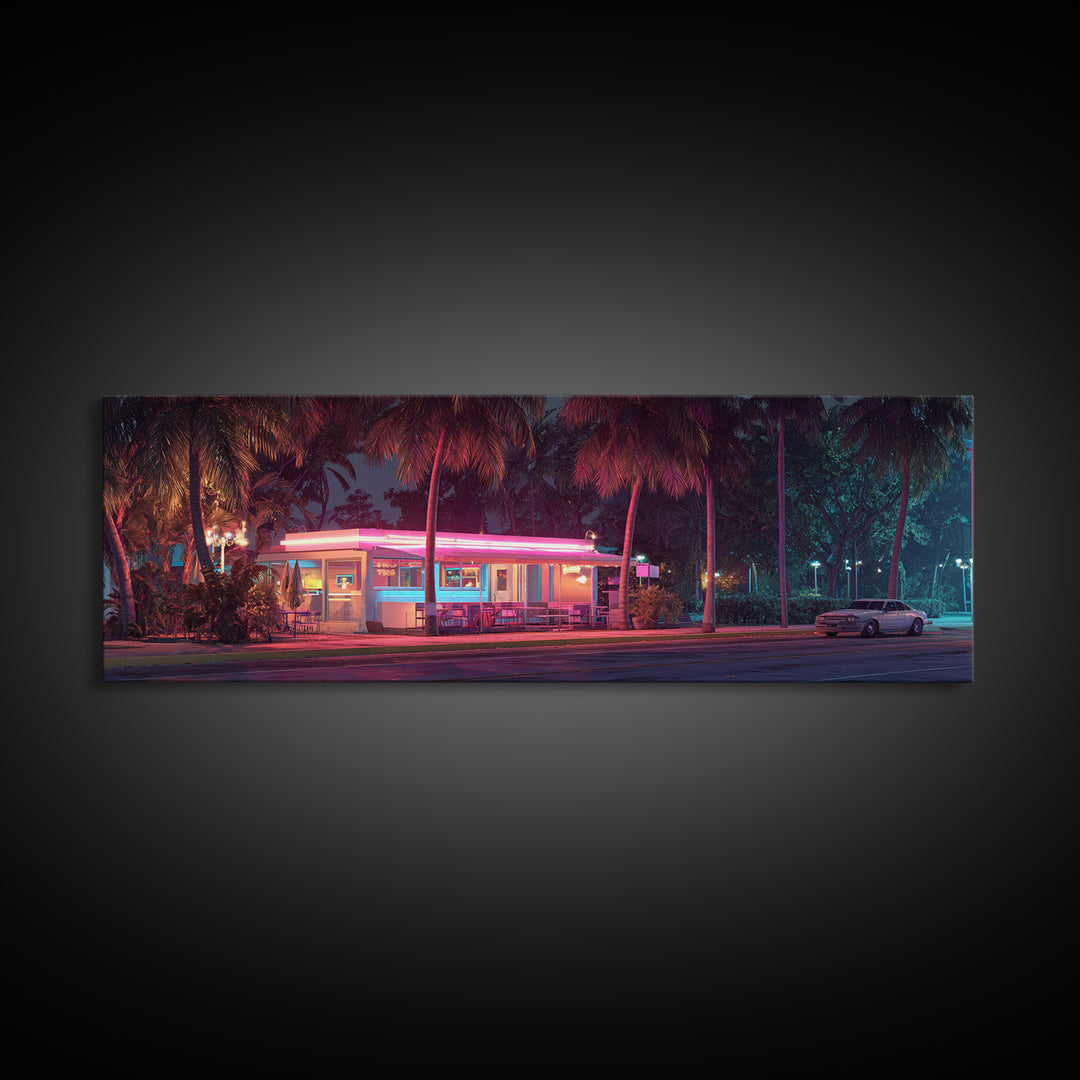Neon Retro Diner At Night Framed Canvas Print, Cyberpunk Wall Art For Kitchen Bar Decor, Miami Vaporwave Home Decor Poster