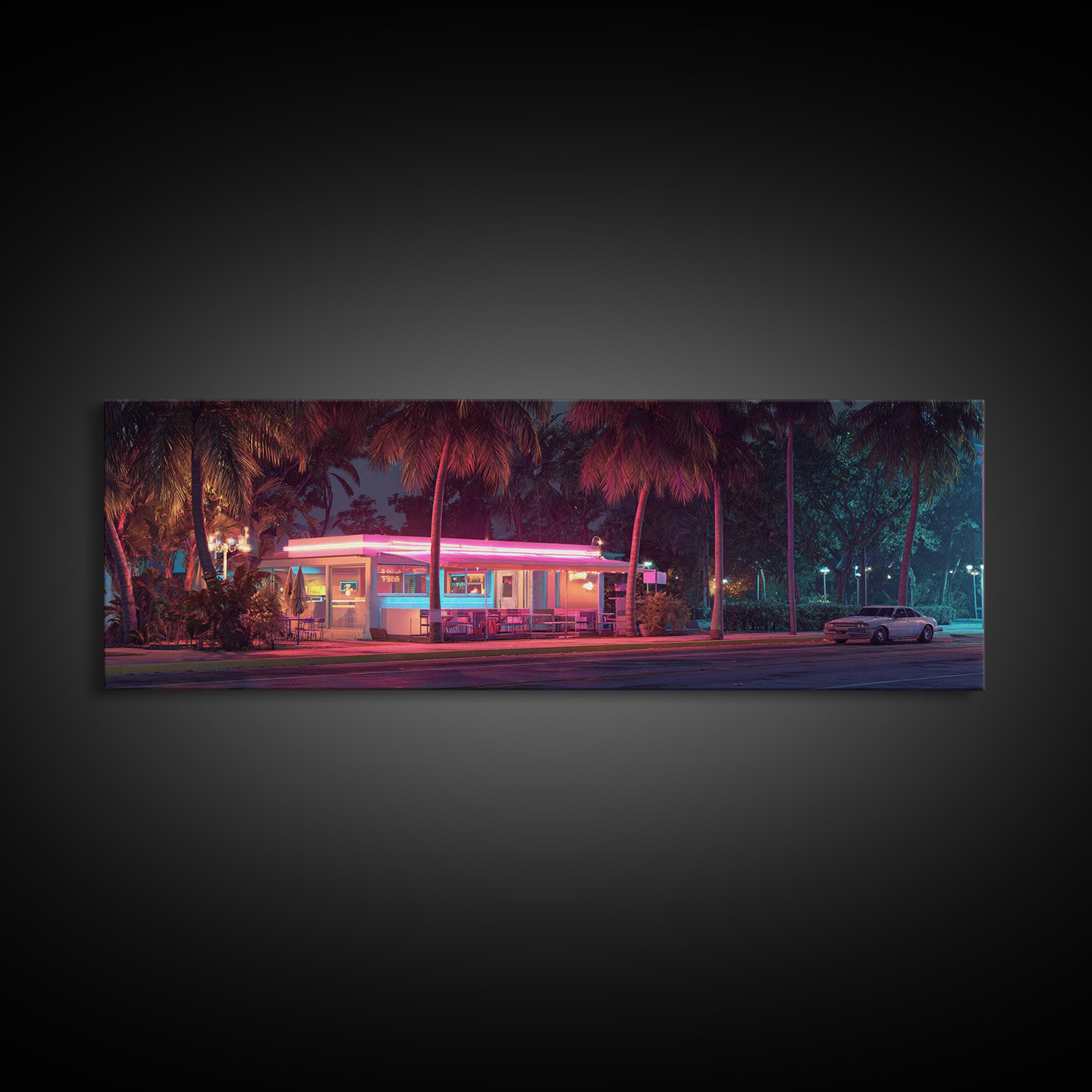 Neon Retro Diner At Night Framed Canvas Print, Cyberpunk Wall Art For Kitchen Bar Decor, Miami Vaporwave Home Decor Poster
