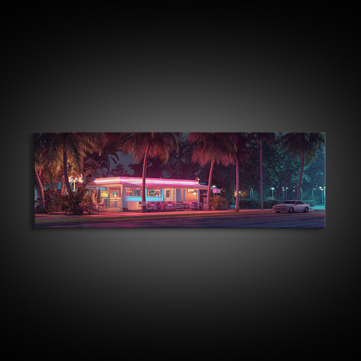Neon Retro Diner At Night Framed Canvas Print, Cyberpunk Wall Art For Kitchen Bar Decor, Miami Vaporwave Home Decor Poster