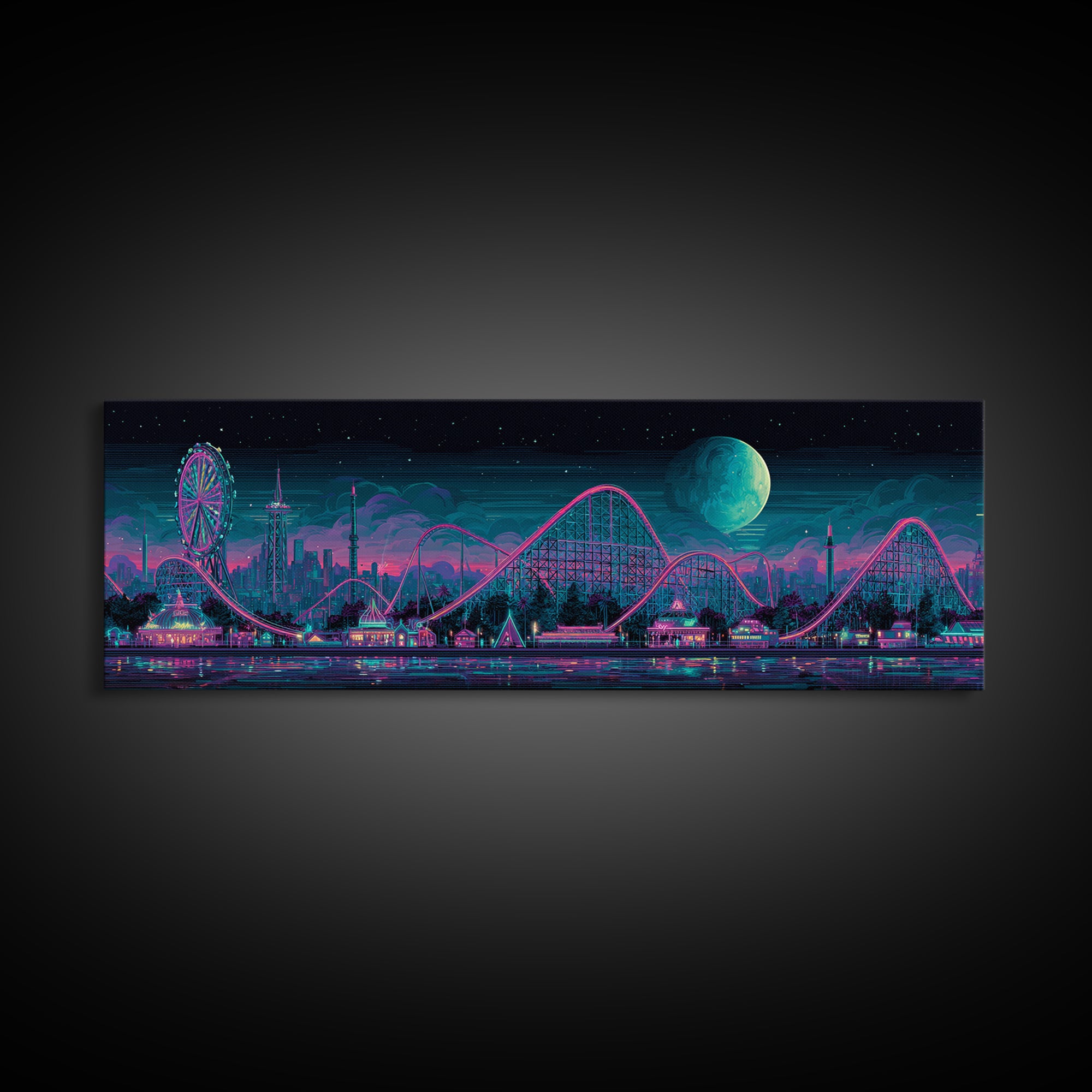 Neon Roller Coaster Park Canvas Print, Retro Futuristic Skyline With Moon, Modern Cyberpunk Neon City Game Room Wall Art Decor