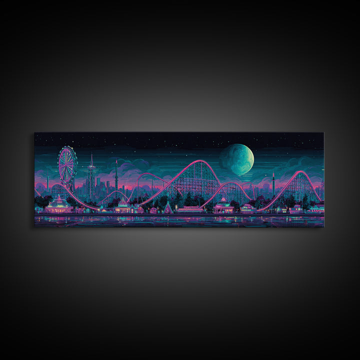 Neon Roller Coaster Park Canvas Print, Retro Futuristic Skyline With Moon, Modern Cyberpunk Neon City Game Room Wall Art Decor