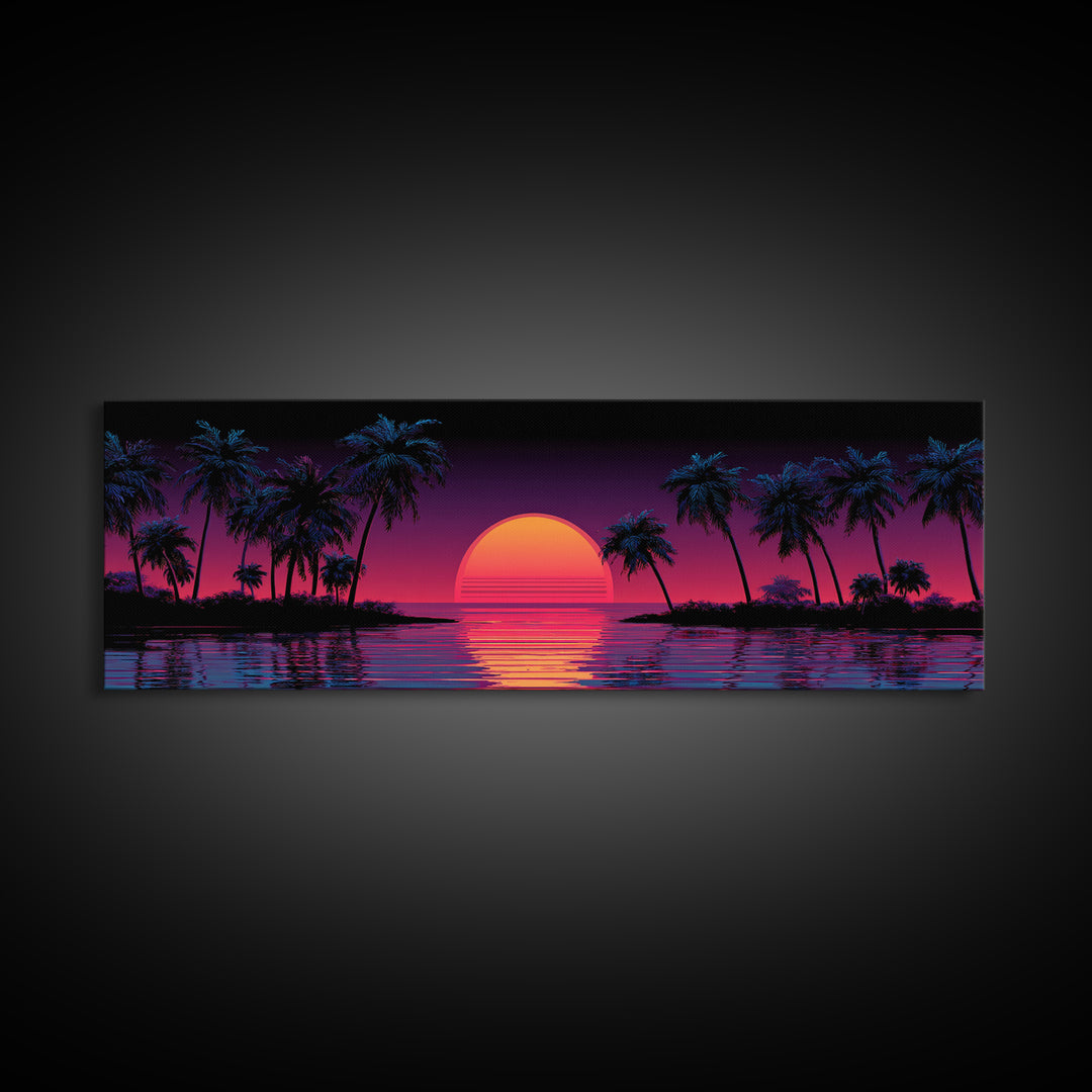 Neon Tropical Sunset Canvas Print, Retro Palm Tree Wall Art, Vaporwave Beach Decor, Coastal Summer Living Room Art, Large Poster