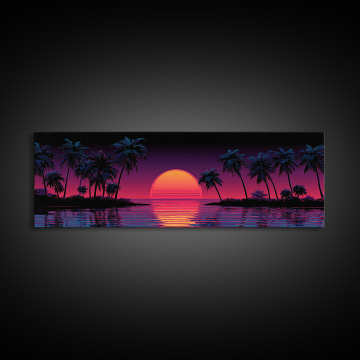 Neon Tropical Sunset Canvas Print, Retro Palm Tree Wall Art, Vaporwave Beach Decor, Coastal Summer Living Room Art, Large Poster