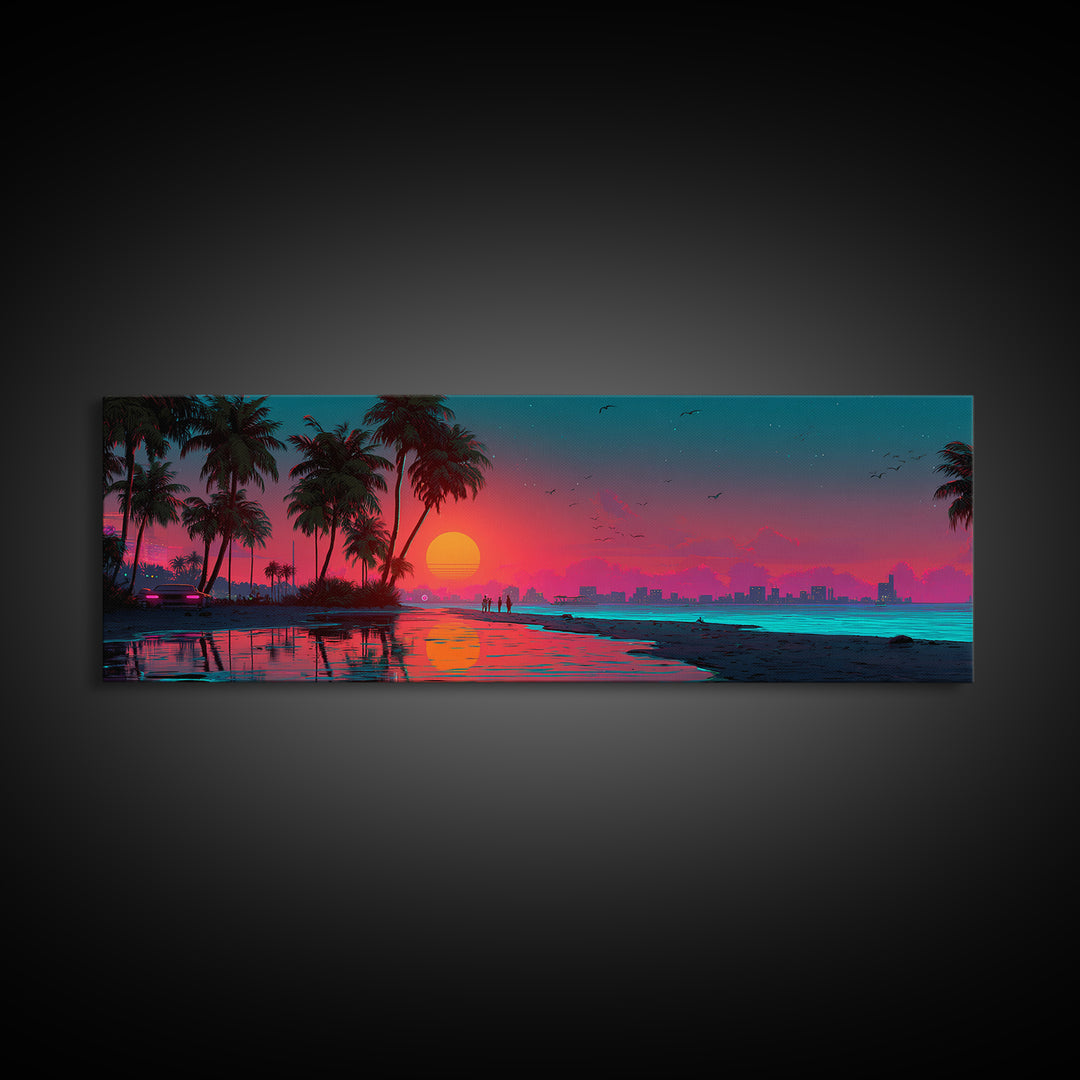 Neon Tropical City Beach Sunset Wall Art, Synthwave Ocean Skyline, Retro Futuristic Large Horizontal Coastal Living Room Decor