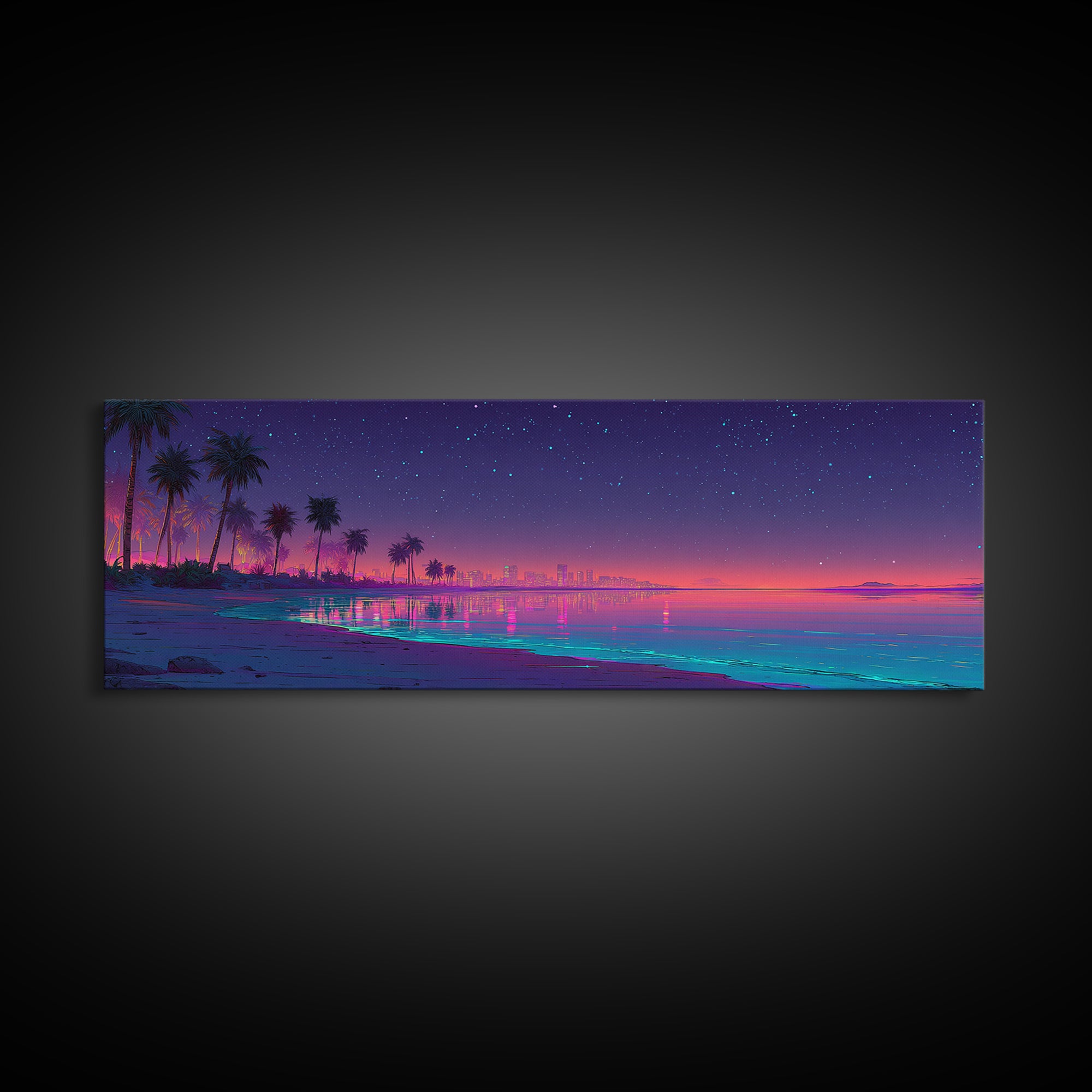 Neon Tropical Beach Skyline Under Stars, Coastal Canvas Print, Cityscape Wall Art, Beach House Decor, Modern Home Decor Print