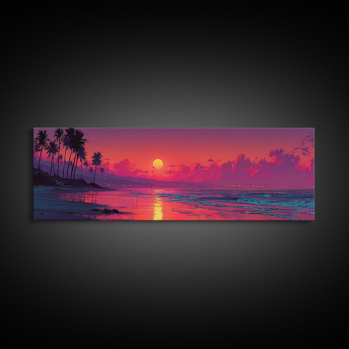 Magenta Tropical Beach Sunset Wall Art, Coastal Seascape Canvas Print, Palm Tree Decor, Summer Vibes, Living Room Poster