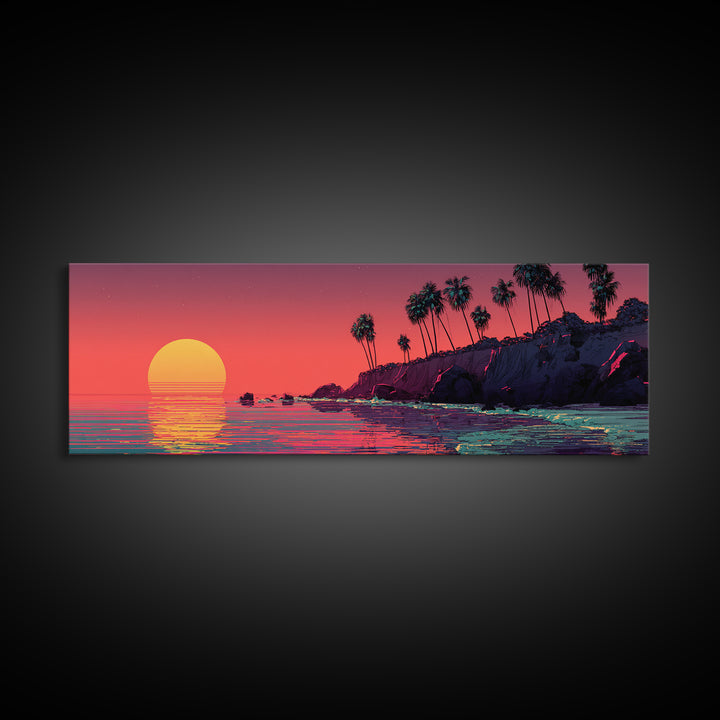 Retro Pixel Palm Beach Sunset Wall Art, Vaporwave Ocean Landscape Print, Tropical Coastal Decor, Long Horizontal Canvas Print