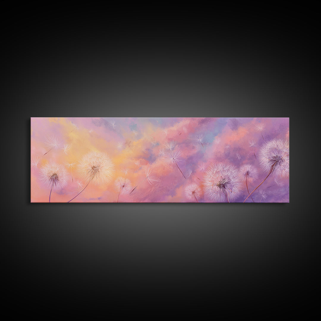 Pastel Dandelion Wishes Wall Art, Dreamy Wildflower Sky Print, Soft Floral Nursery Decor, Whimsical Bedroom Canvas Art, Gift For Her