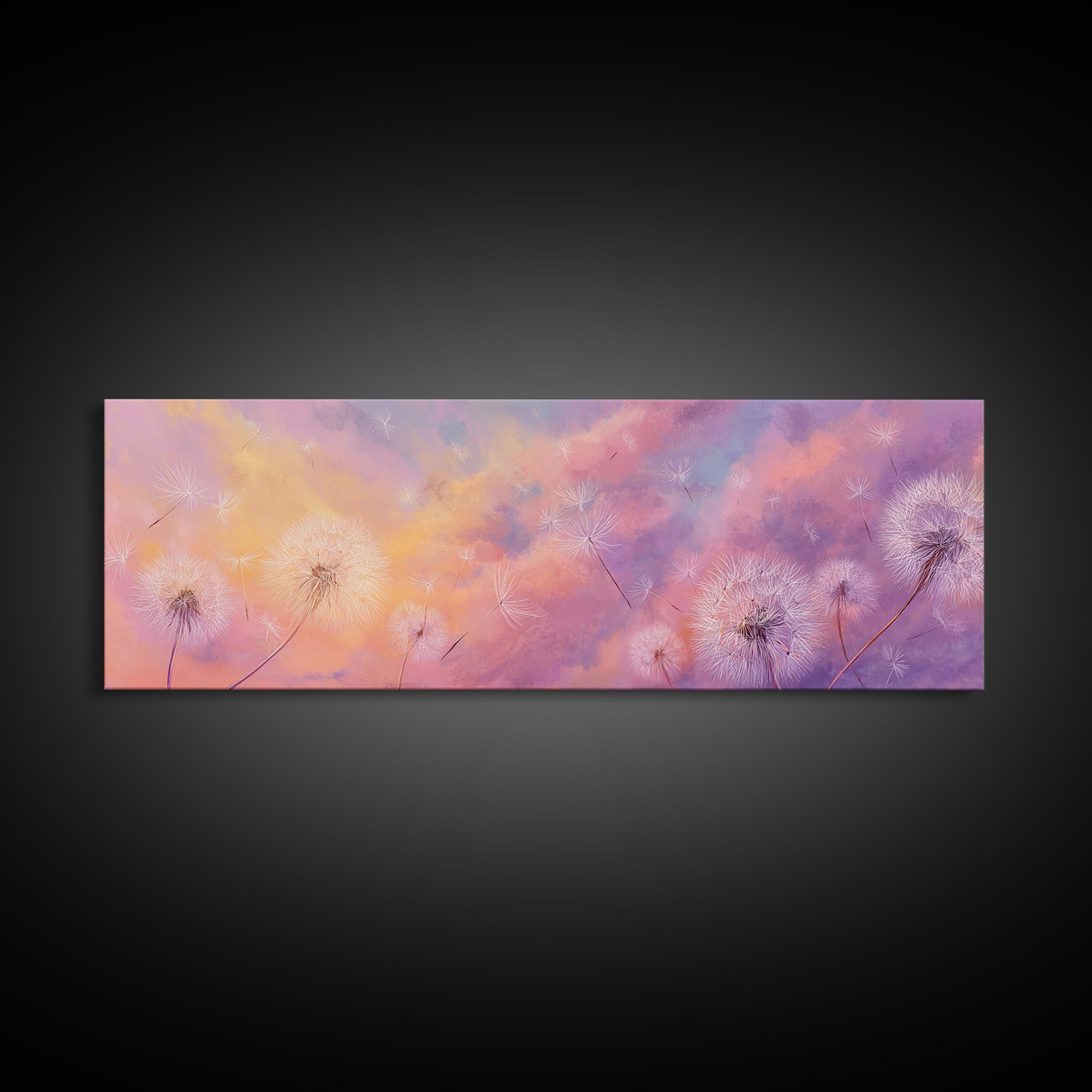 Pastel Dandelion Wishes Wall Art, Dreamy Wildflower Sky Print, Soft Floral Nursery Decor, Whimsical Bedroom Canvas Art, Gift For Her