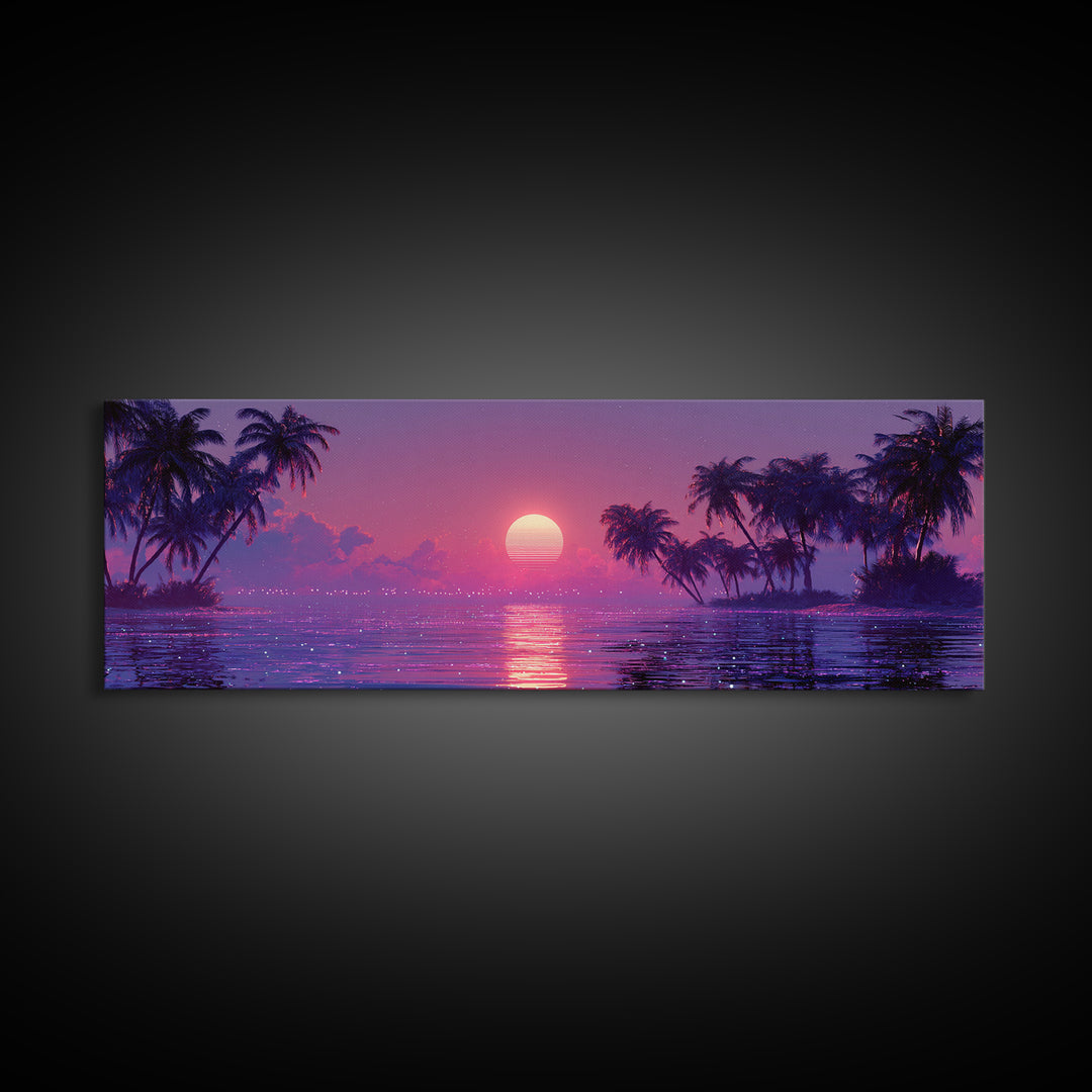 Retro Tropical Sunset Lagoon With Palm Trees Canvas Print, Vaporwave Ocean Wall Art, Coastal Decor, Beach House Gift For Her