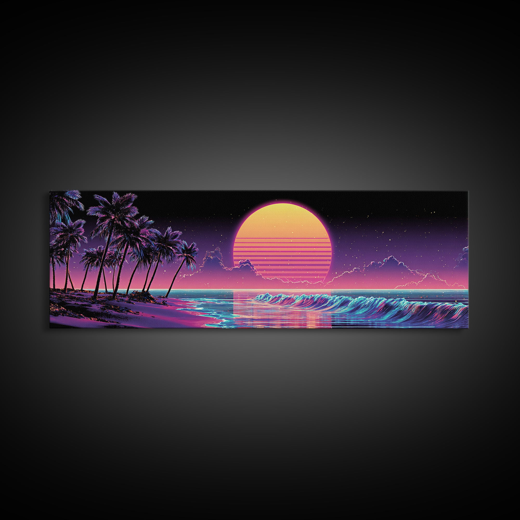 Neon Tropical Beach Sunset Canvas Print, Retro Palm Tree Ocean Wave Wall Decor, Vaporwave Coastal Art For Living Room Modern Home Decor