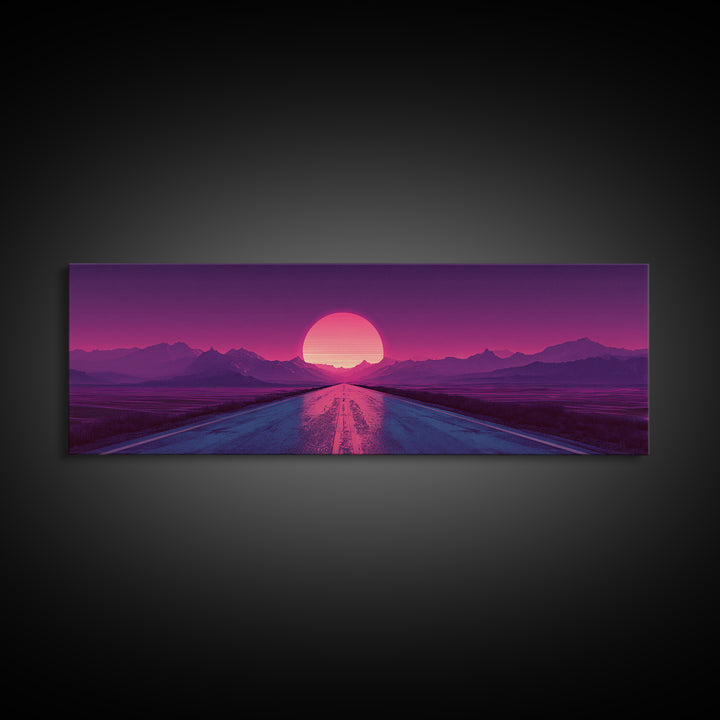 Magenta Desert Road Wall Art, Retro Futuristic Mountain Sunset Canvas Print, Synthwave Decor, Large Horizontal Wall Art Print