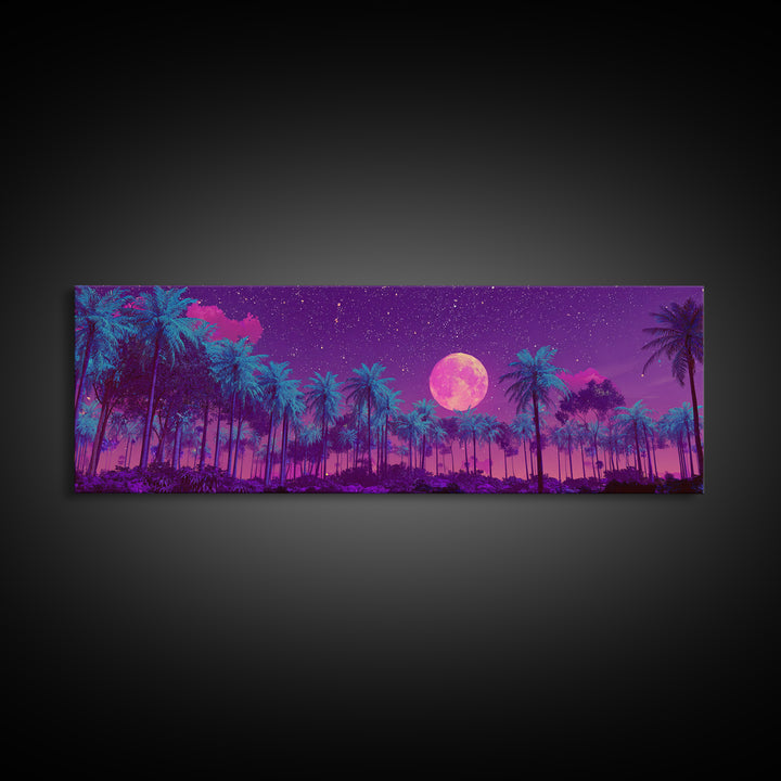 Magenta Moonlit Palm Forest Wall Art, Tropical Night Landscape, Celestial Decor, Purple Jungle, Boho Bedroom Wall Decor, Canvas Print