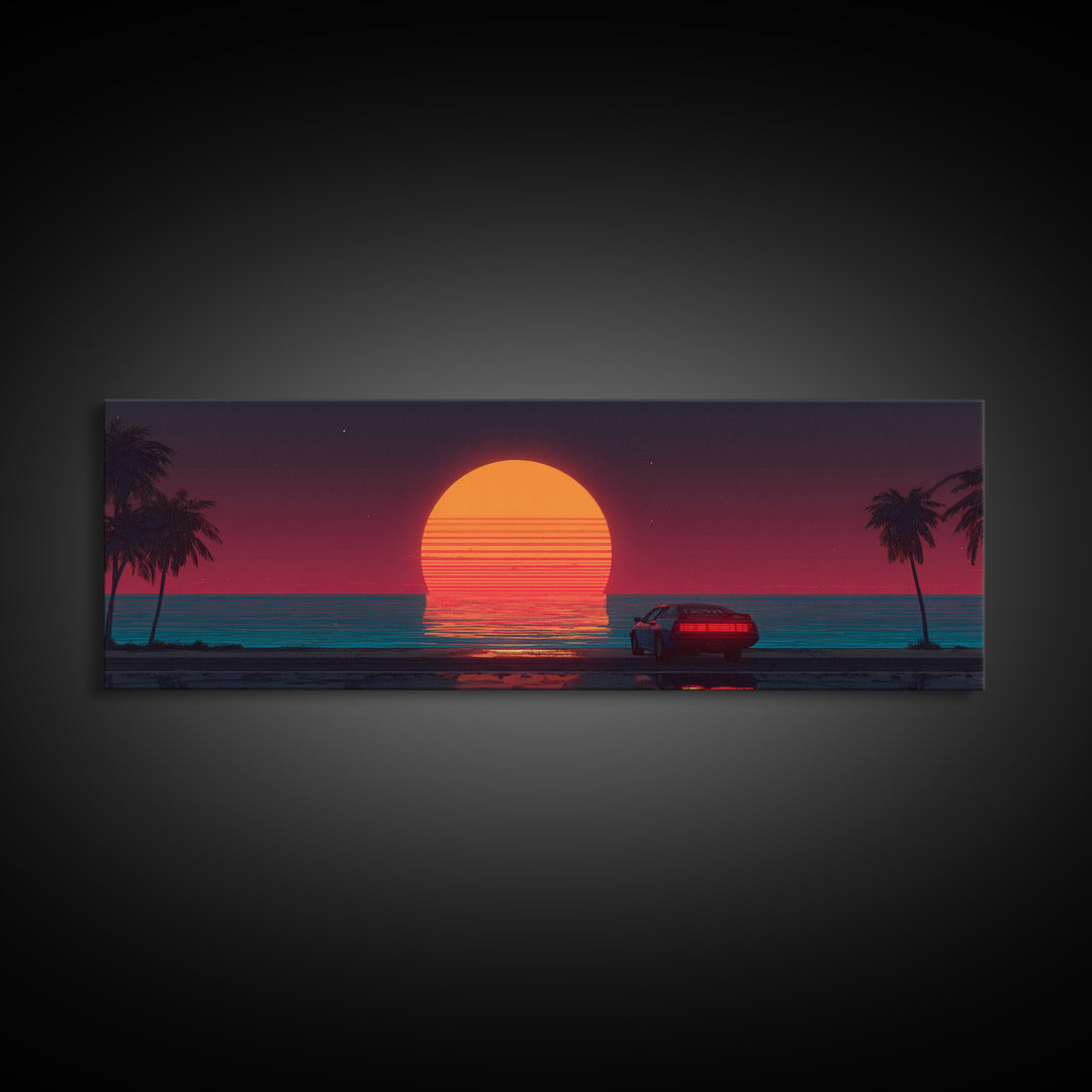 Retro Car At Neon Ocean Sunset Canvas Print, Synthwave Wall Art, Vaporwave Beach Decor, Masculine Office Art Gift For Him