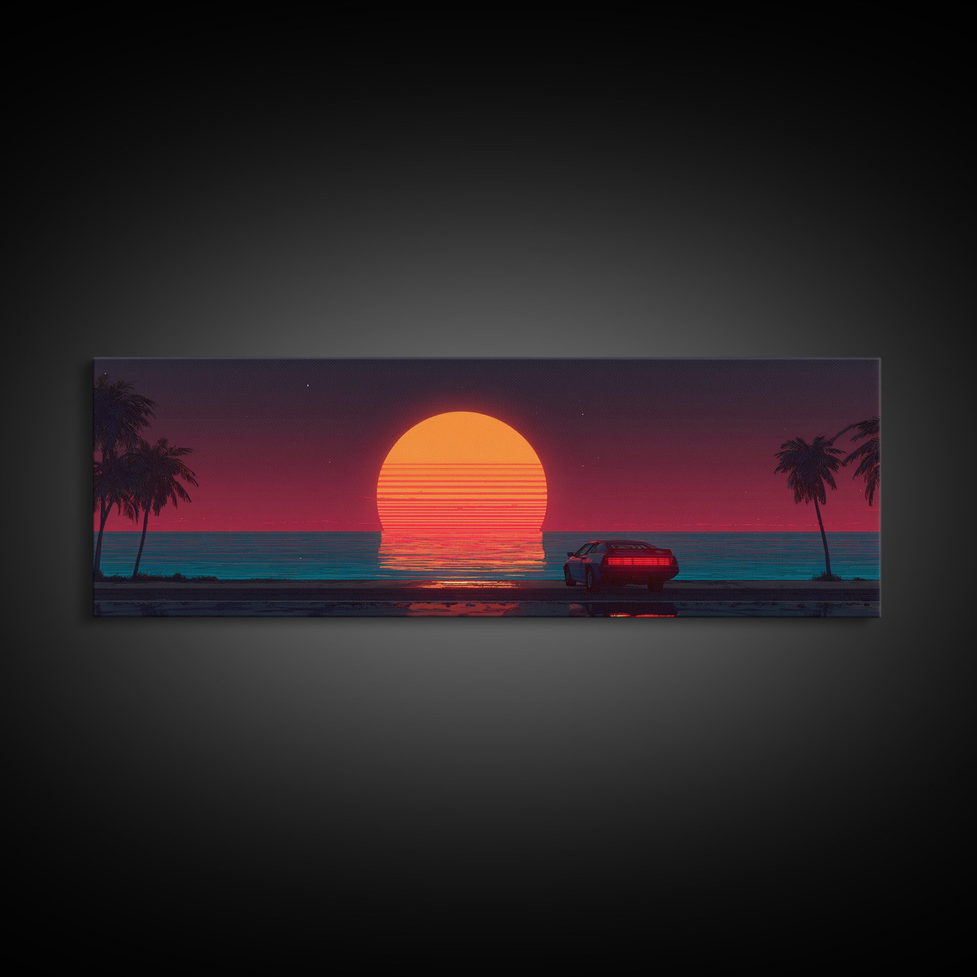 Retro Car At Neon Ocean Sunset Canvas Print, Synthwave Wall Art, Vaporwave Beach Decor, Masculine Office Art Gift For Him