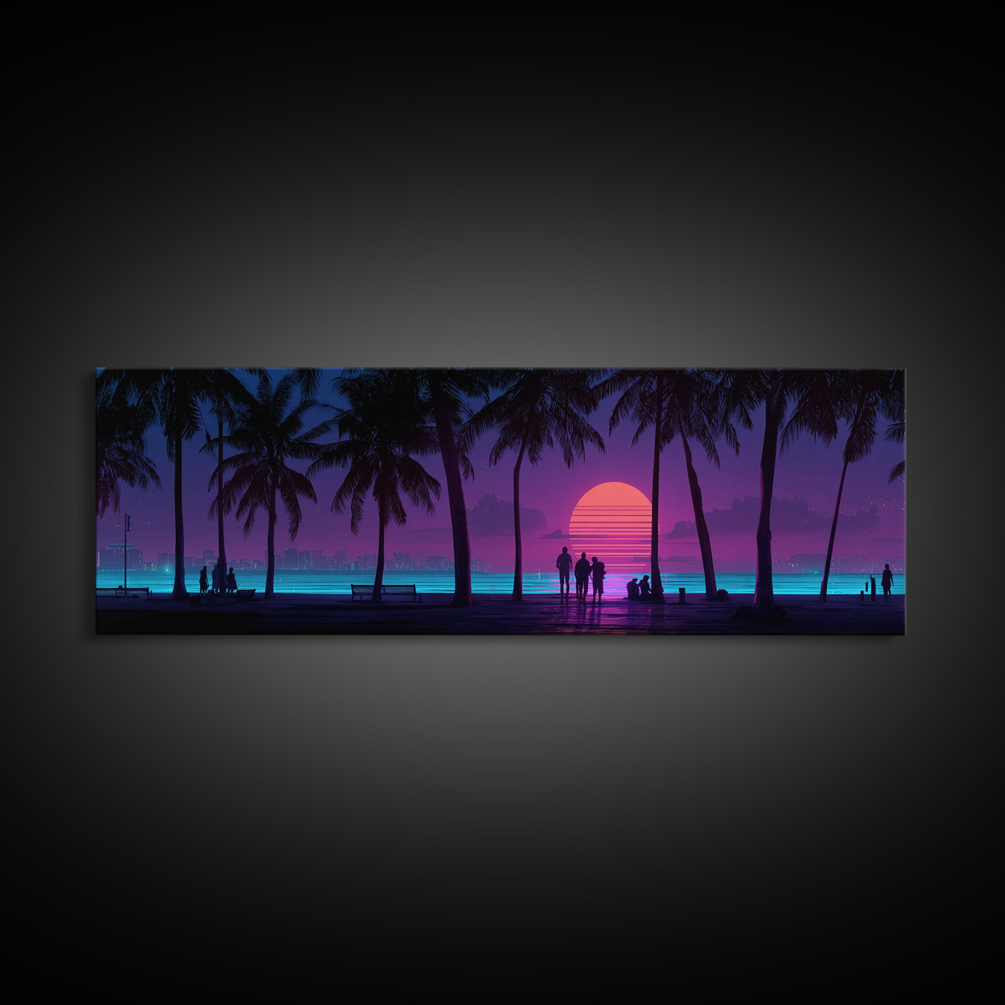 Retro Tropical Beach Sunset Canvas Print, Palm Tree Wall Art, Coastal Wall Decor, Purple Pink Modern Bedroom Wall Art Print
