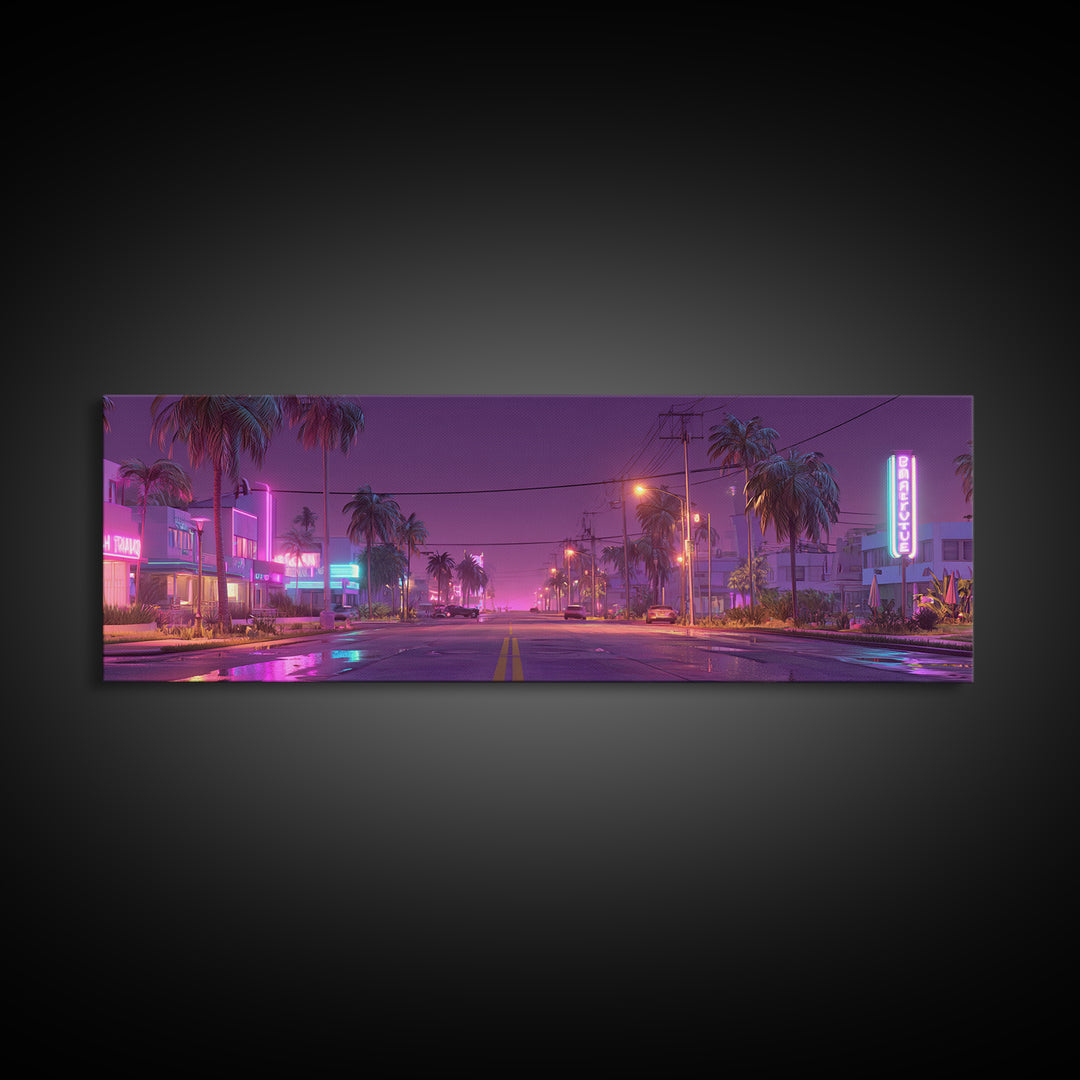 Neon Palm Street At Dusk Canvas Print, Retro Miami Cityscape, Cyberpunk Wall Art, Vaporwave Decor For Living Room Modern Home Decor