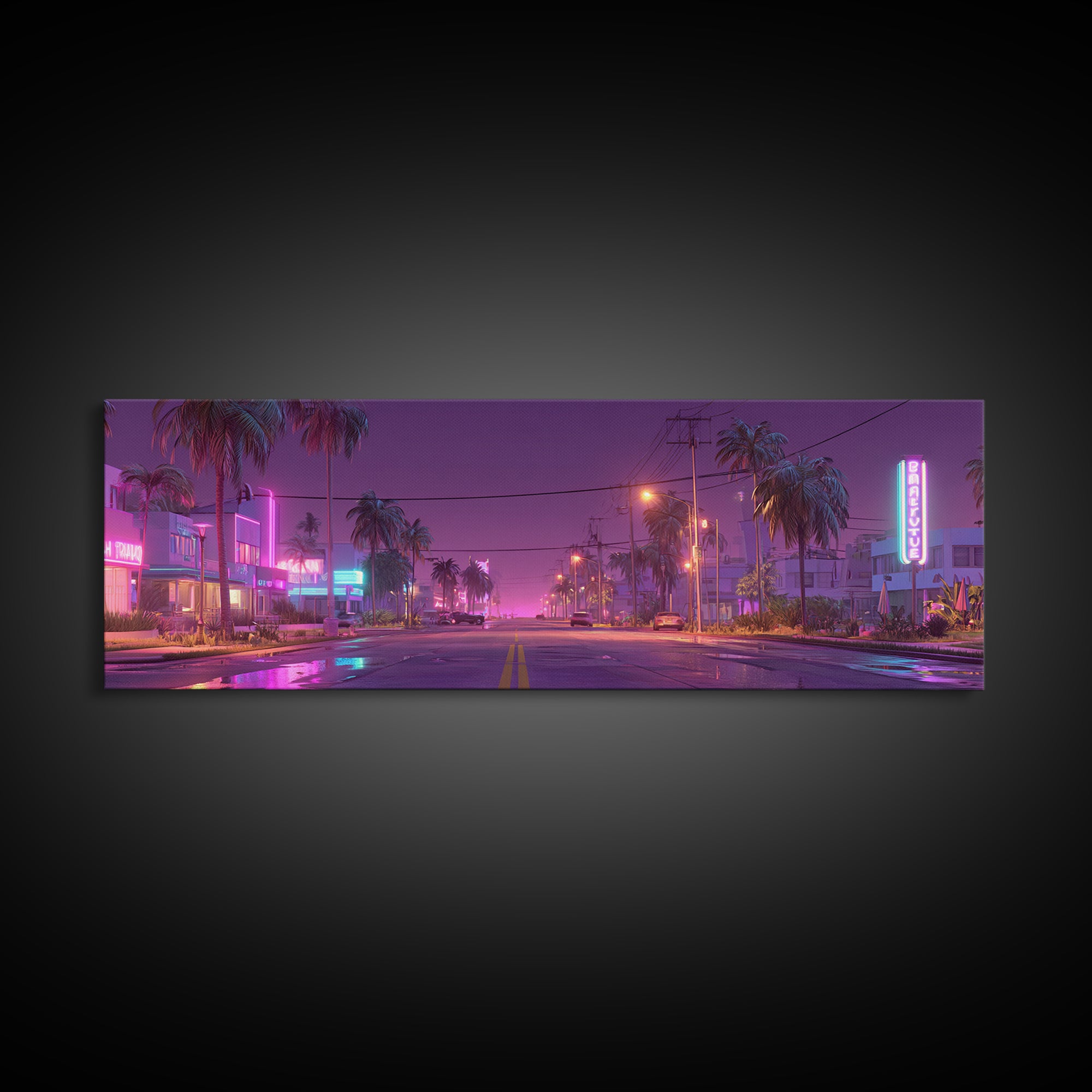 Neon Palm Street At Dusk Canvas Print, Retro Miami Cityscape, Cyberpunk Wall Art, Vaporwave Decor For Living Room Modern Home Decor
