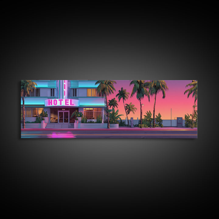Neon Pink Hotel Facade Wall Art, Retro Miami Palm Canvas Print, Tropical Travel Poster Decor, Coastal Motel Room Print Home Decor Gift