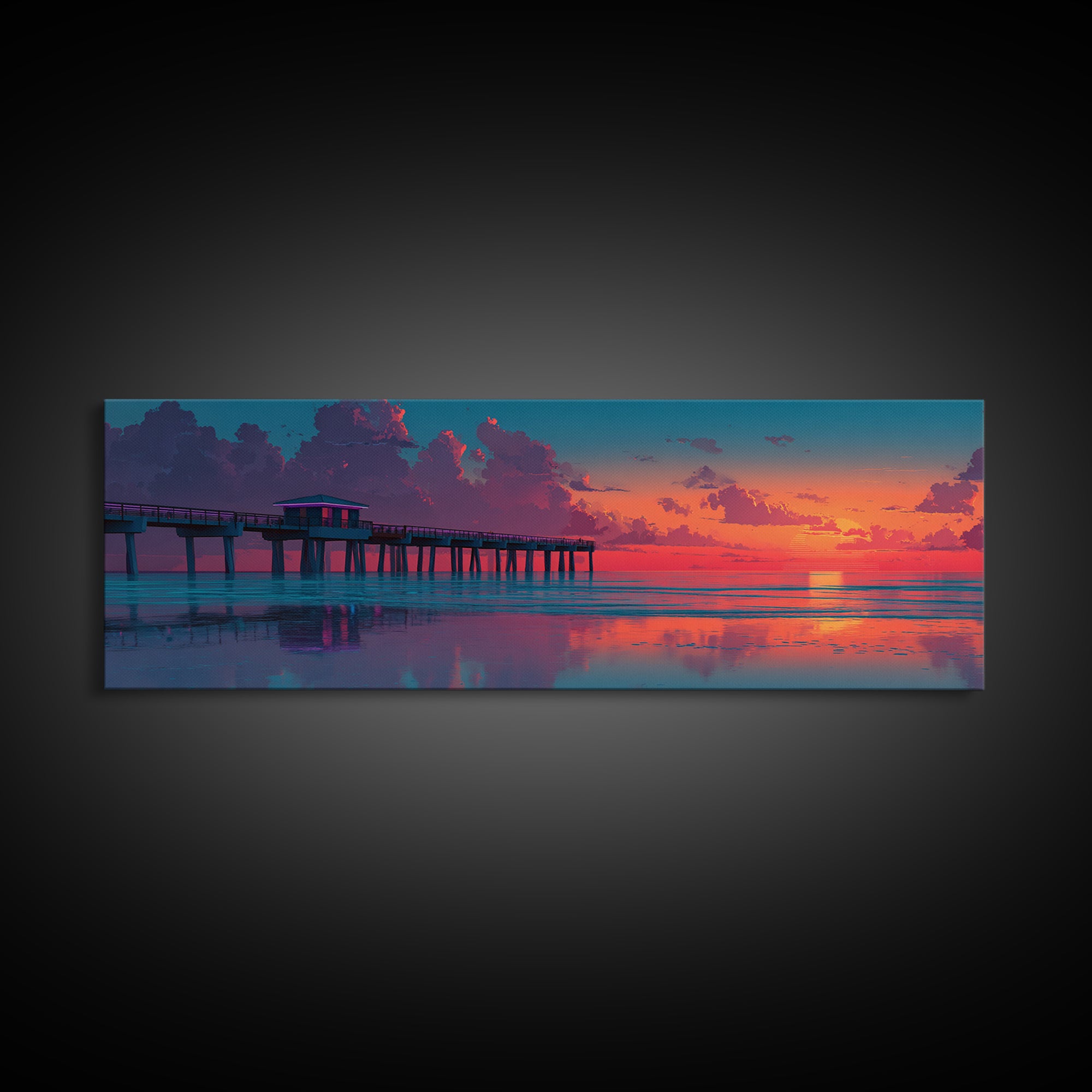 Sunset Pier Ocean Reflection Canvas Print, Coastal Wall Art, Beach House Decor, Seascape Painting, Nautical Living Room Art