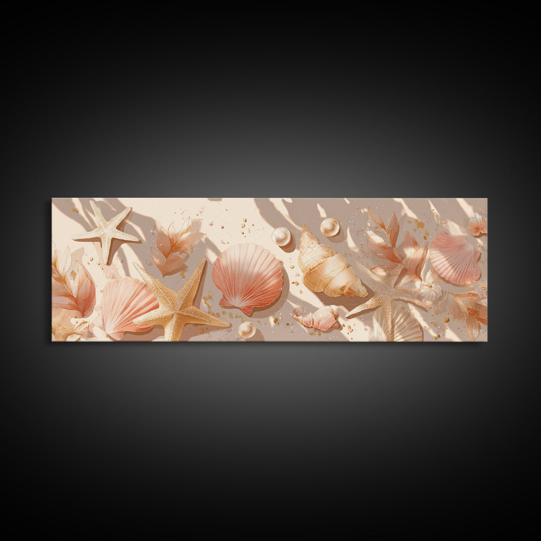 Neutral Seashells And Starfish Canvas Print, Coastal Wall Art, Beach House Decor, Nautical Bathroom Art, Summer Gift For Her