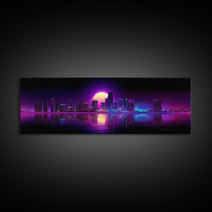 Neon City Skyline Moonrise Canvas Print, Purple Cyberpunk Wall Art, Miami Nightscape, Vaporwave Living Room Modern Home Decor